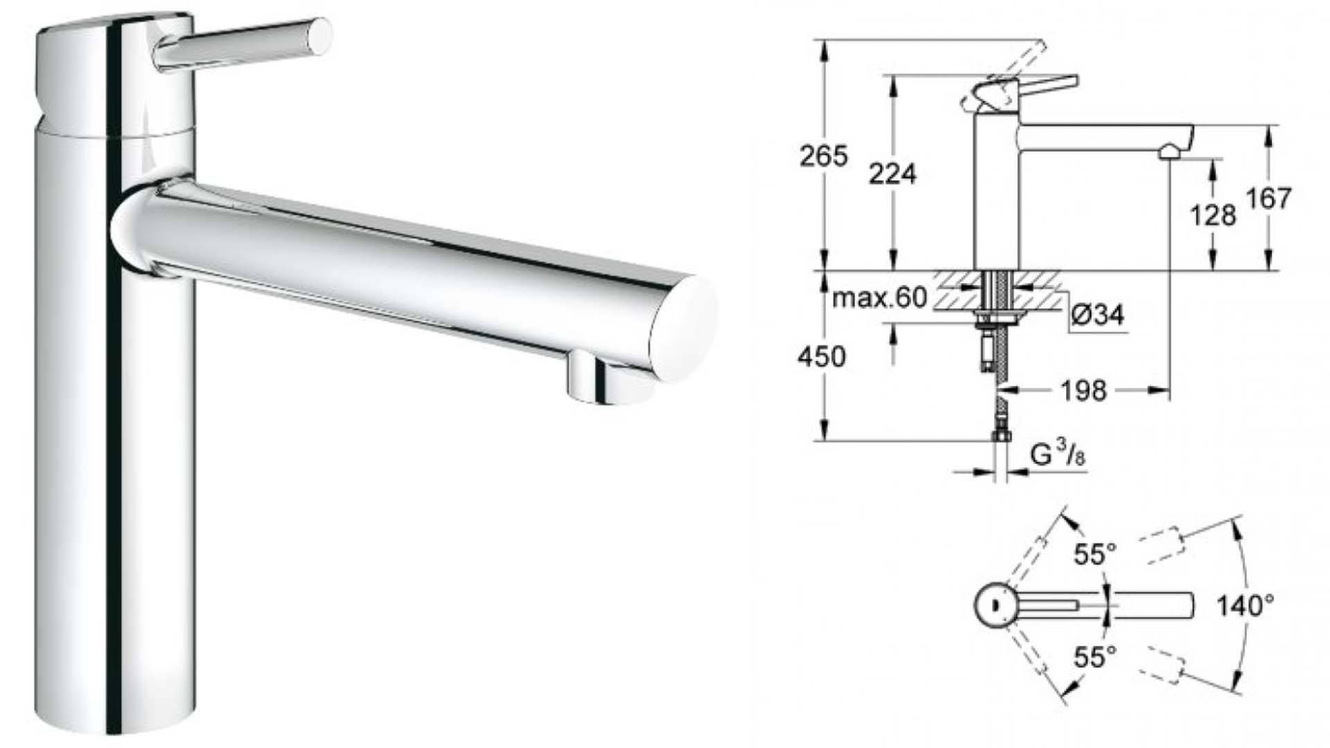 Kích thước Vòi chậu rửa mặt GROHE Concetto – 31128001